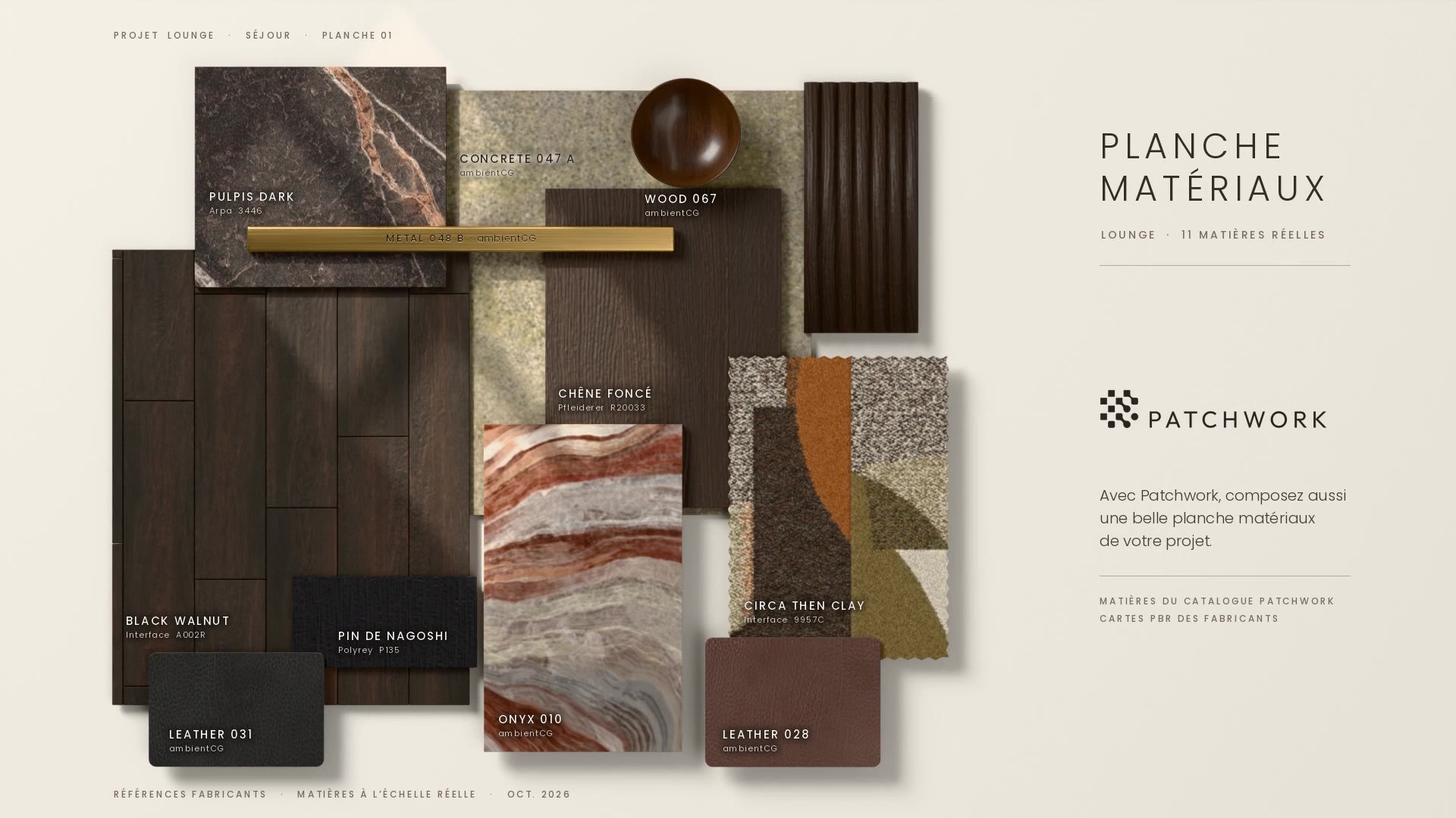 Planche matériaux du projet Lounge : onyx, Pulpis Dark Arpa, béton, chêne foncé Pfleiderer, laine Interface, cuirs et barre de laiton, légendés avec leur référence